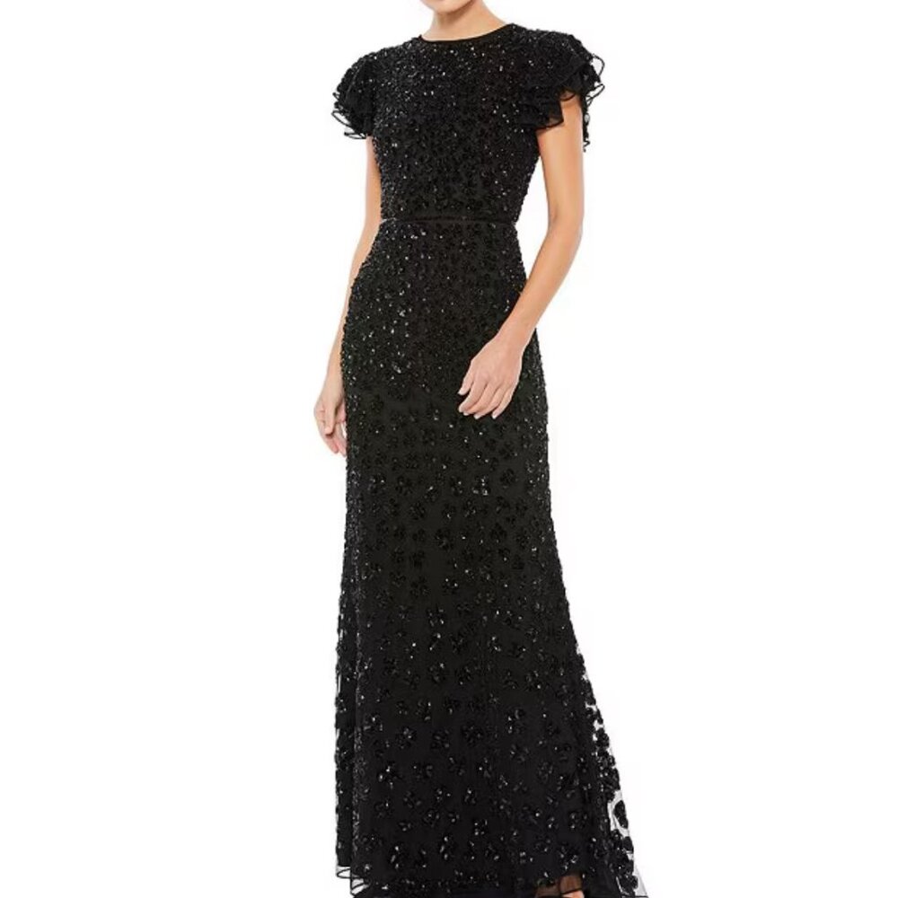 Mac Duggal Black Hand Beaded Flounce Sleeve Midi Dress